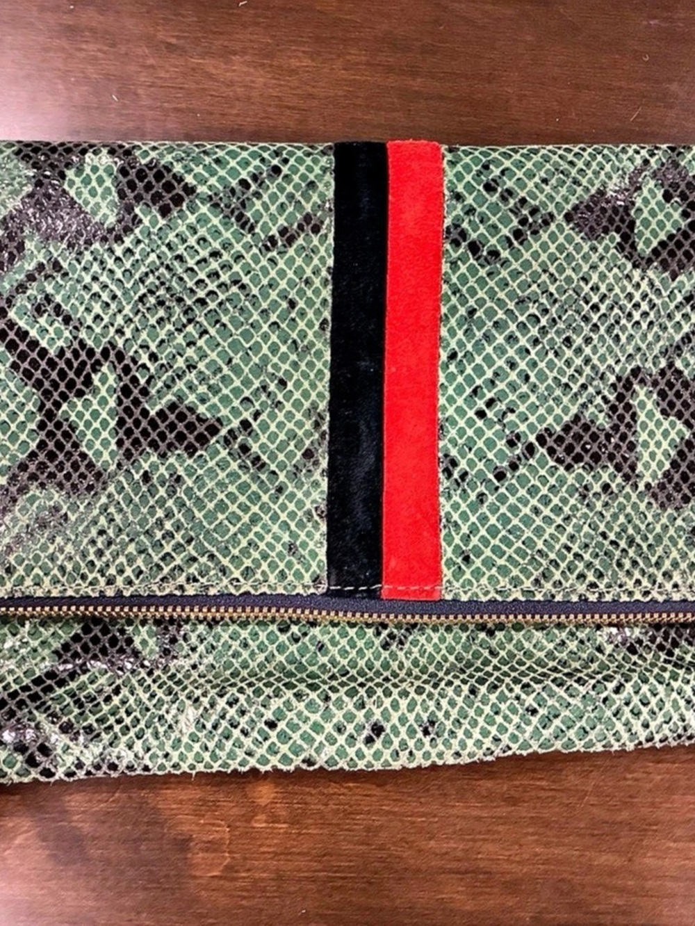 Clare V Green & Black snakeskin Animal Print foldover clutch purse